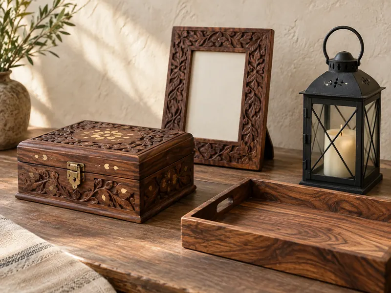 Carved boxes, frames, lantern and tray